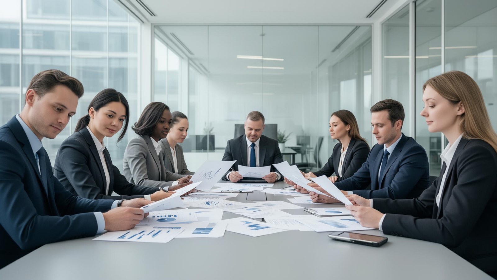 Business owner reviewing loan documents in a modern office