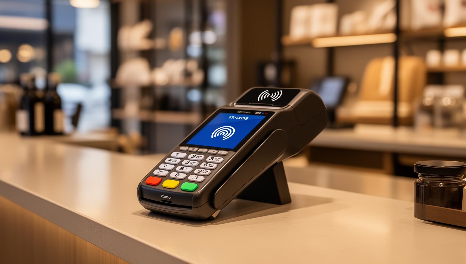 Busy cafe counter with card payment terminal