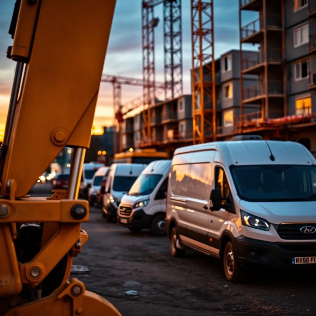 Commercial vehicles and construction equipment on a UK building site
